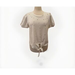 SKONHET White Pearl Embellished Short Sleeve Shirt Puff Sleeve Front Tie Size L